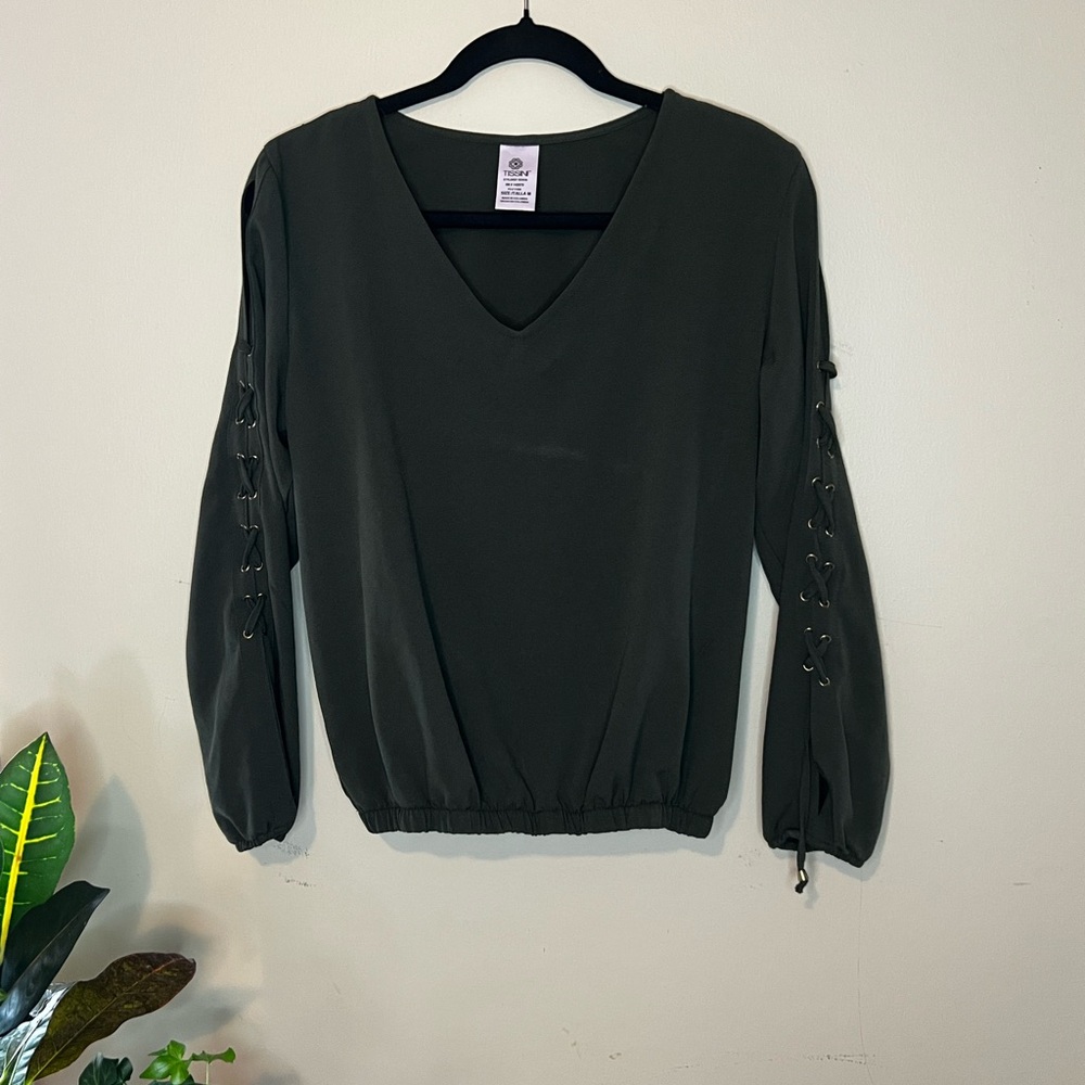 Chic Olive V-Neck Blouse with Lace-Up Sleeves